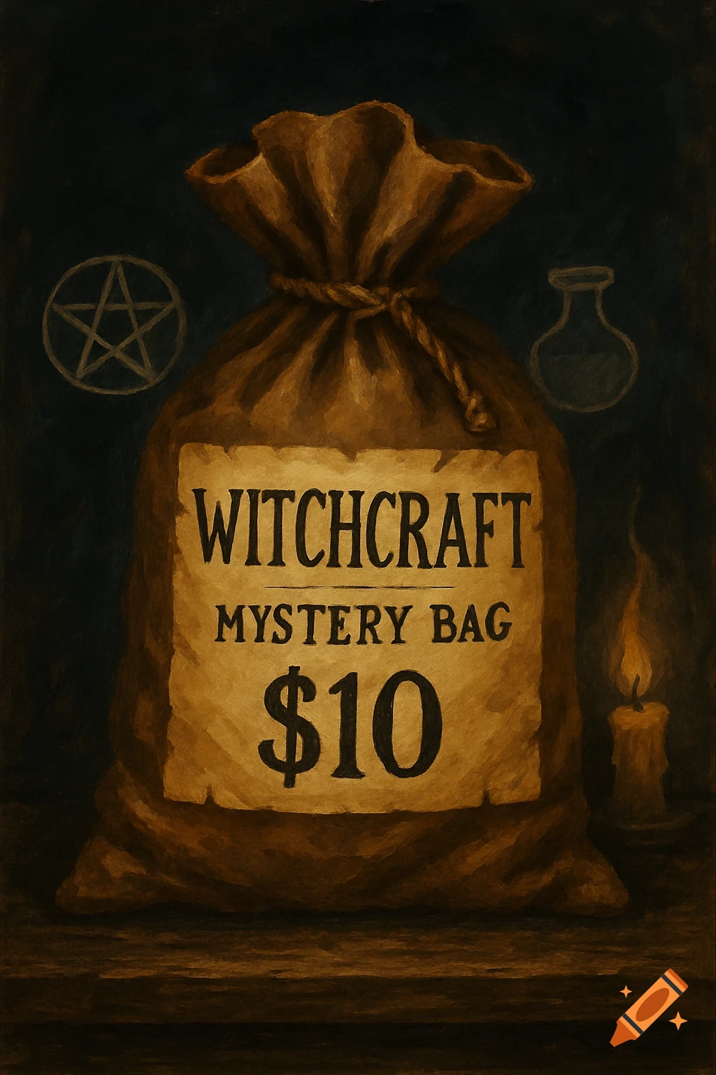 A brown burlap sack labeled 'Witchcraft Mystery Bag $10' in a dark, painterly style. A pentagram, potion bottle, and lit candle are in the background.