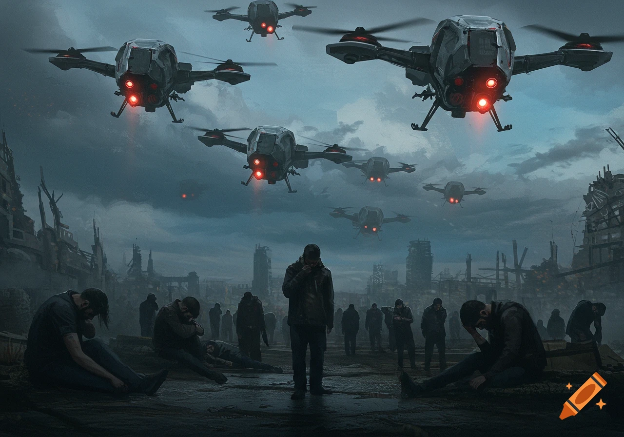 Menacing drones hover over a ruined, desolate city where defeated people are scattered across the ground.