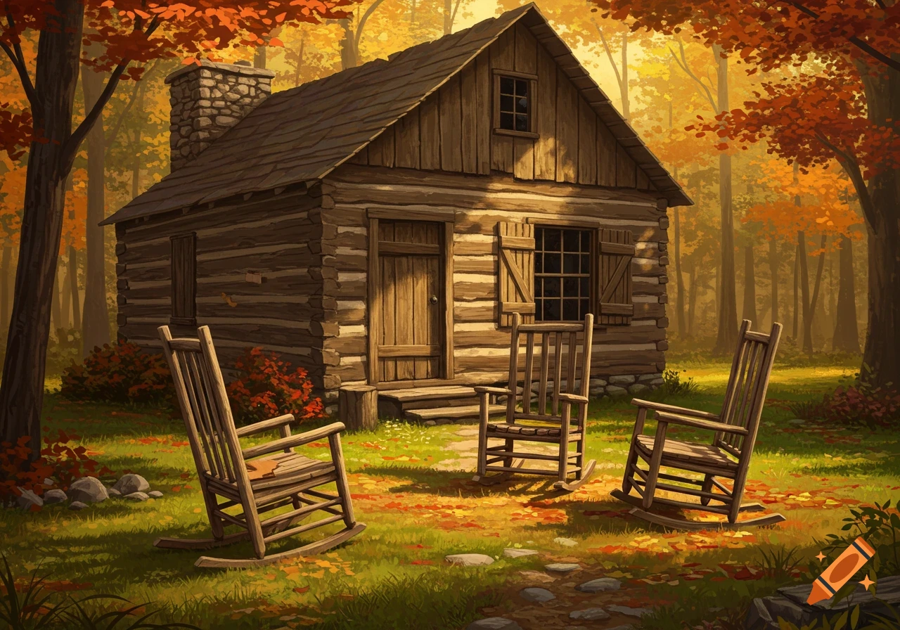 An illustrated log cabin with three wooden rocking chairs in its yard, surrounded by autumn trees with orange and yellow leaves.