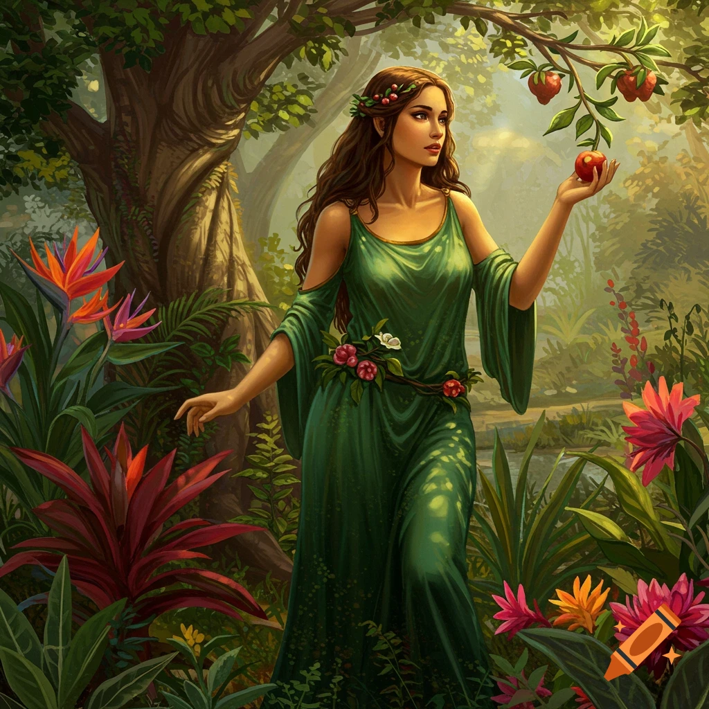 A woman in a green dress holds an apple in a lush, verdant garden with a large tree, in a painterly style.