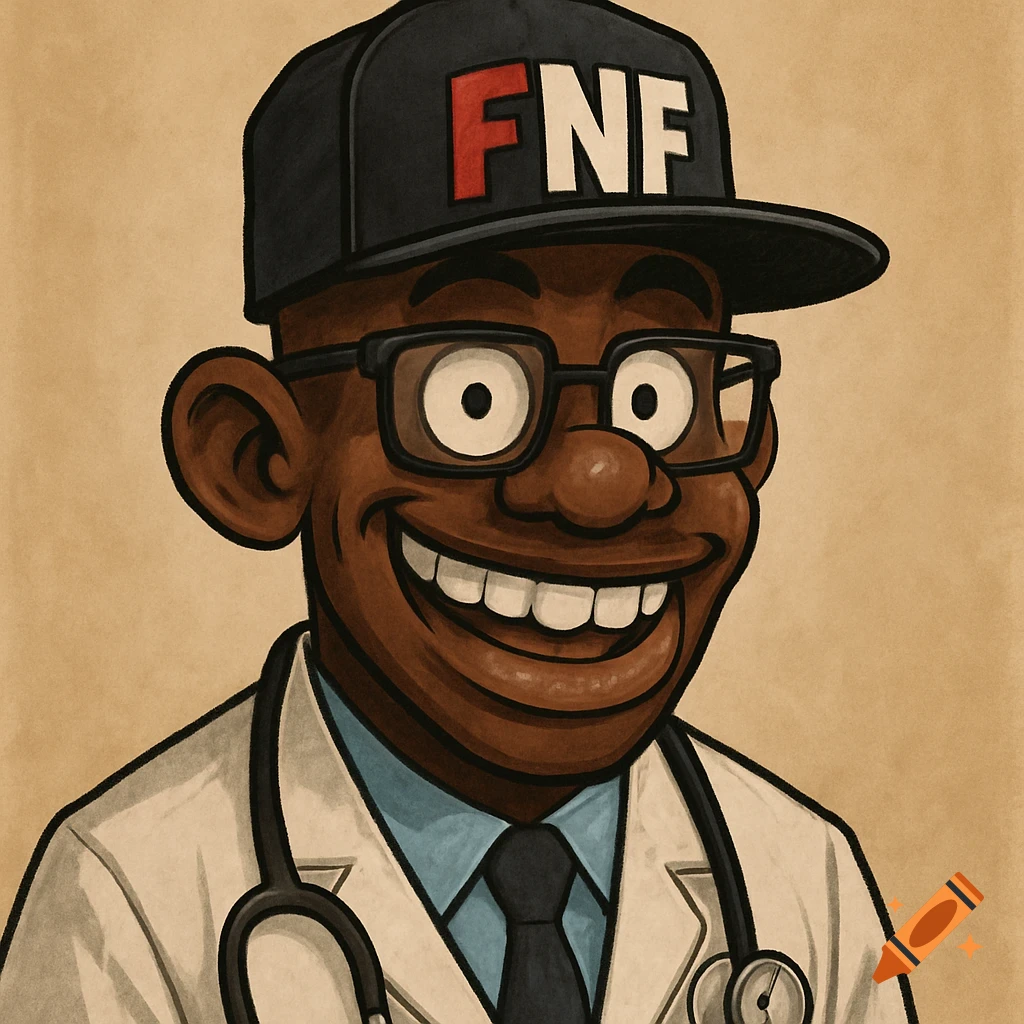 A smiling cartoon doctor with dark skin, glasses, and a black baseball cap with "FNF" written in red and white. He wears a white lab coat and stethoscope.