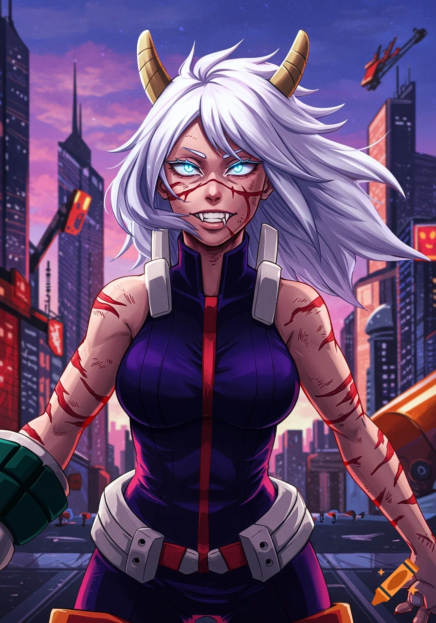 Anime-style portrait of a white-haired woman with glowing blue eyes, fanged teeth, and red scars on her face and arms, wearing a purple and red suit, standing in a futuristic city at sunset.