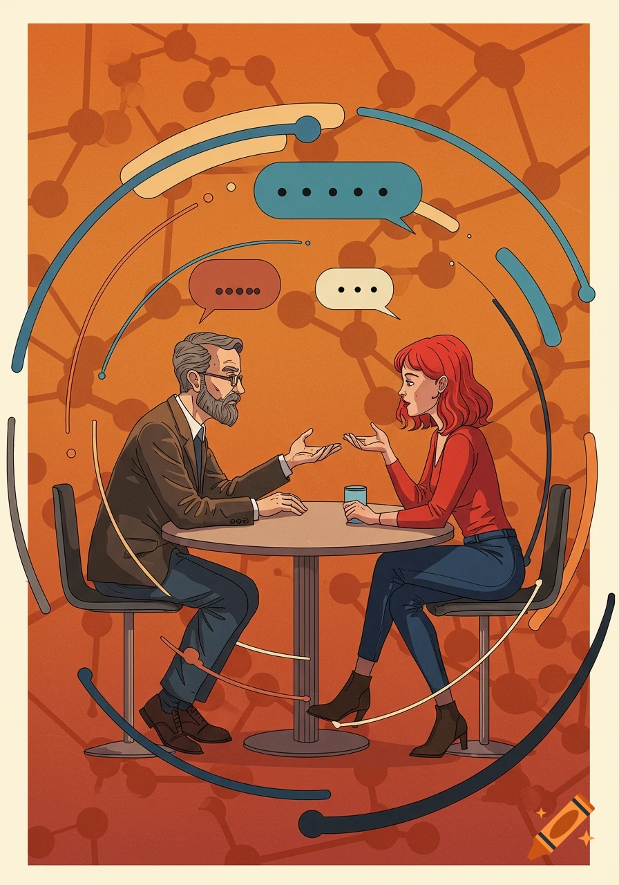 An illustration of a man and woman conversing at a table, surrounded by abstract lines and speech bubbles on an orange background.