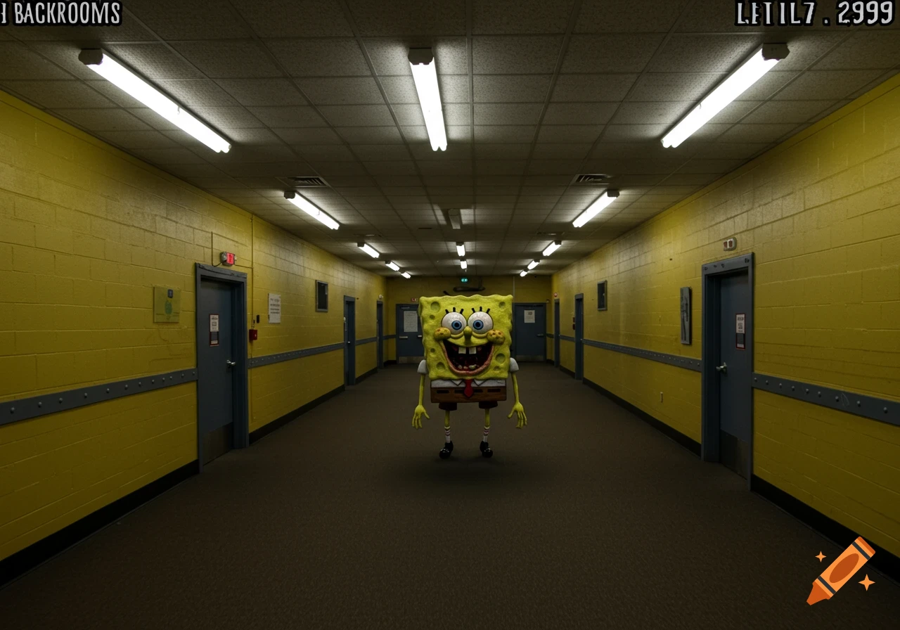 SpongeBob standing in a long, eerie, yellow-walled hallway with fluorescent lights.