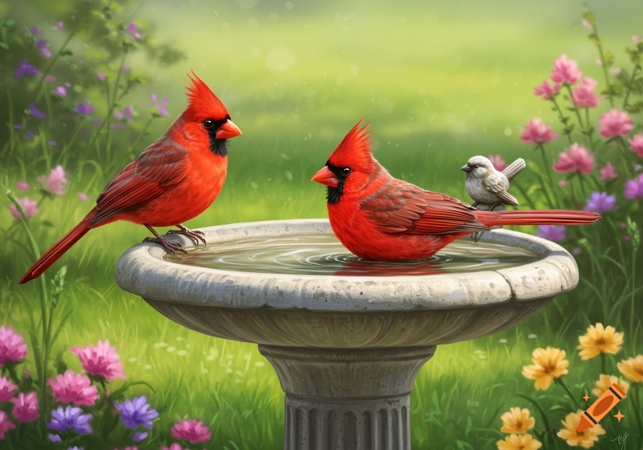 Two red cardinals, one on the rim and one in the water, in a stone birdbath in a vibrant garden with colorful flowers and green grass.