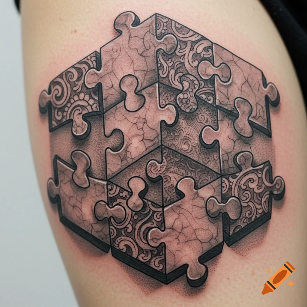 A black and gray 3D tattoo on skin featuring hexagonal puzzle pieces with intricate patterns.