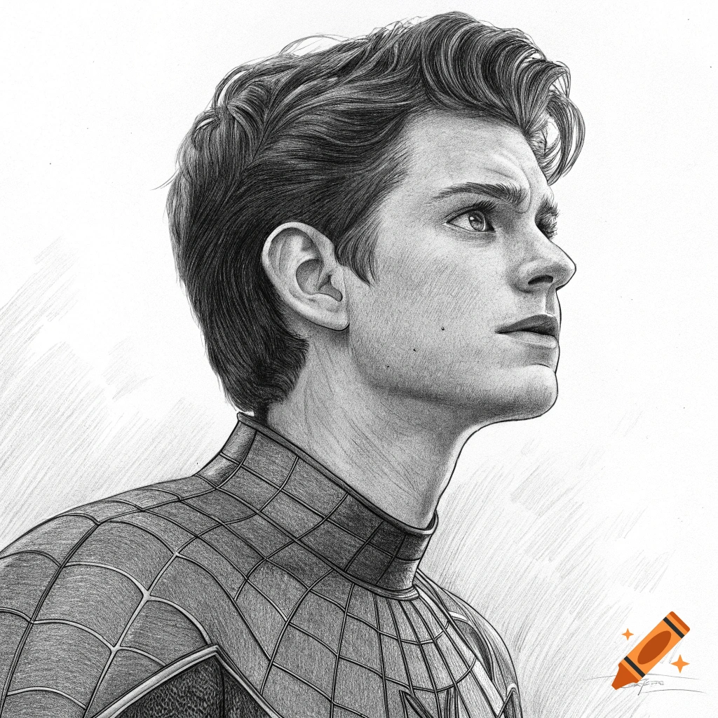 A detailed black and white pencil sketch portrait of Andrew Garfield as Spider-Man, looking up.