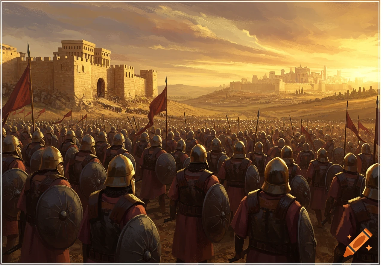 A vast ancient army stands in a desert before a walled city at sunset, with another city in the distance, digital painting.