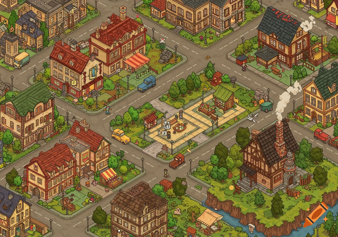 An isometric cartoon-style illustration of a bustling city with a witch's house by a river.