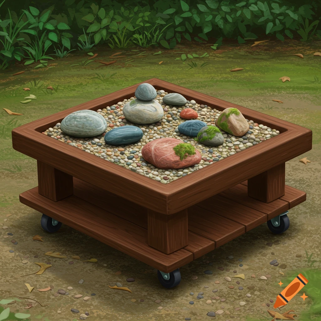 A square wooden platform on wheels holds various decorative garden rocks and pebbles in a lush green outdoor setting.