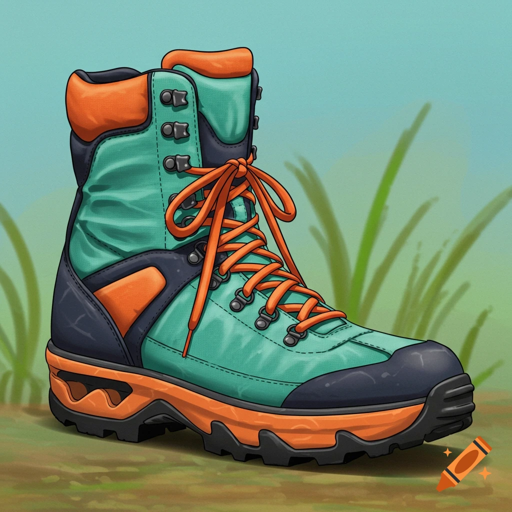 A vibrant teal and orange hiking boot with orange laces stands on a dirt path with green grass in the background, in a cartoon style.