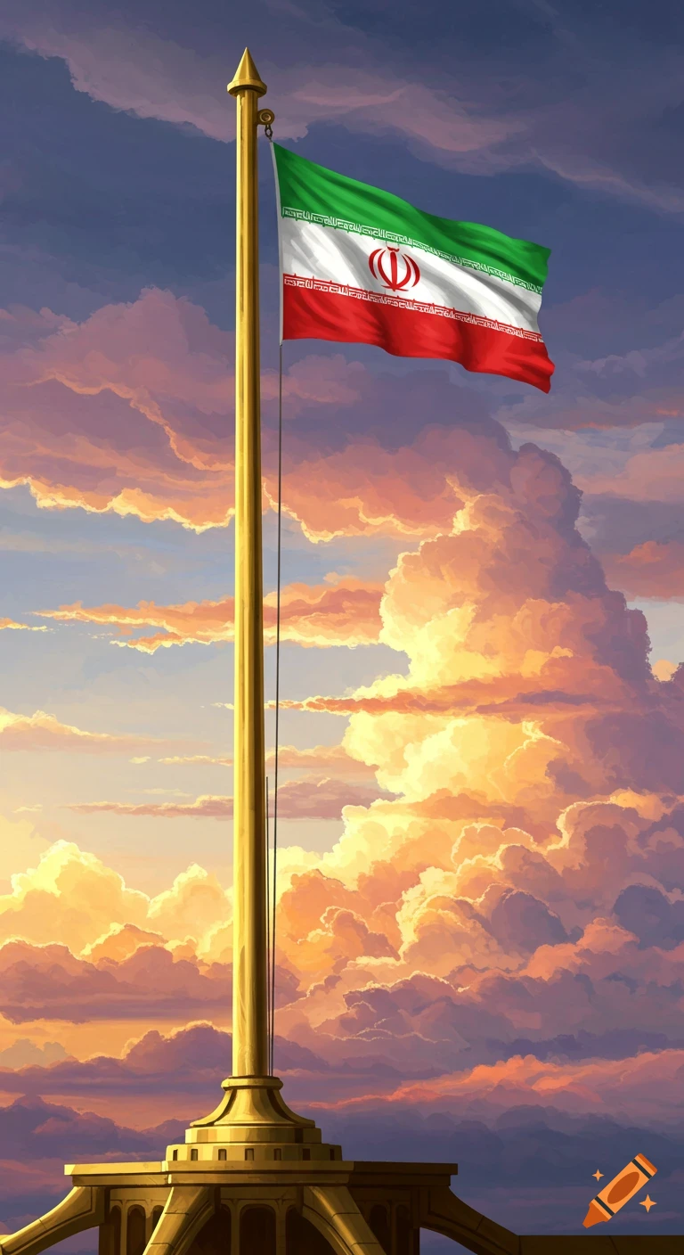 The flag of Iran waves on a golden flagpole against a backdrop of vibrant orange and purple sunset clouds.