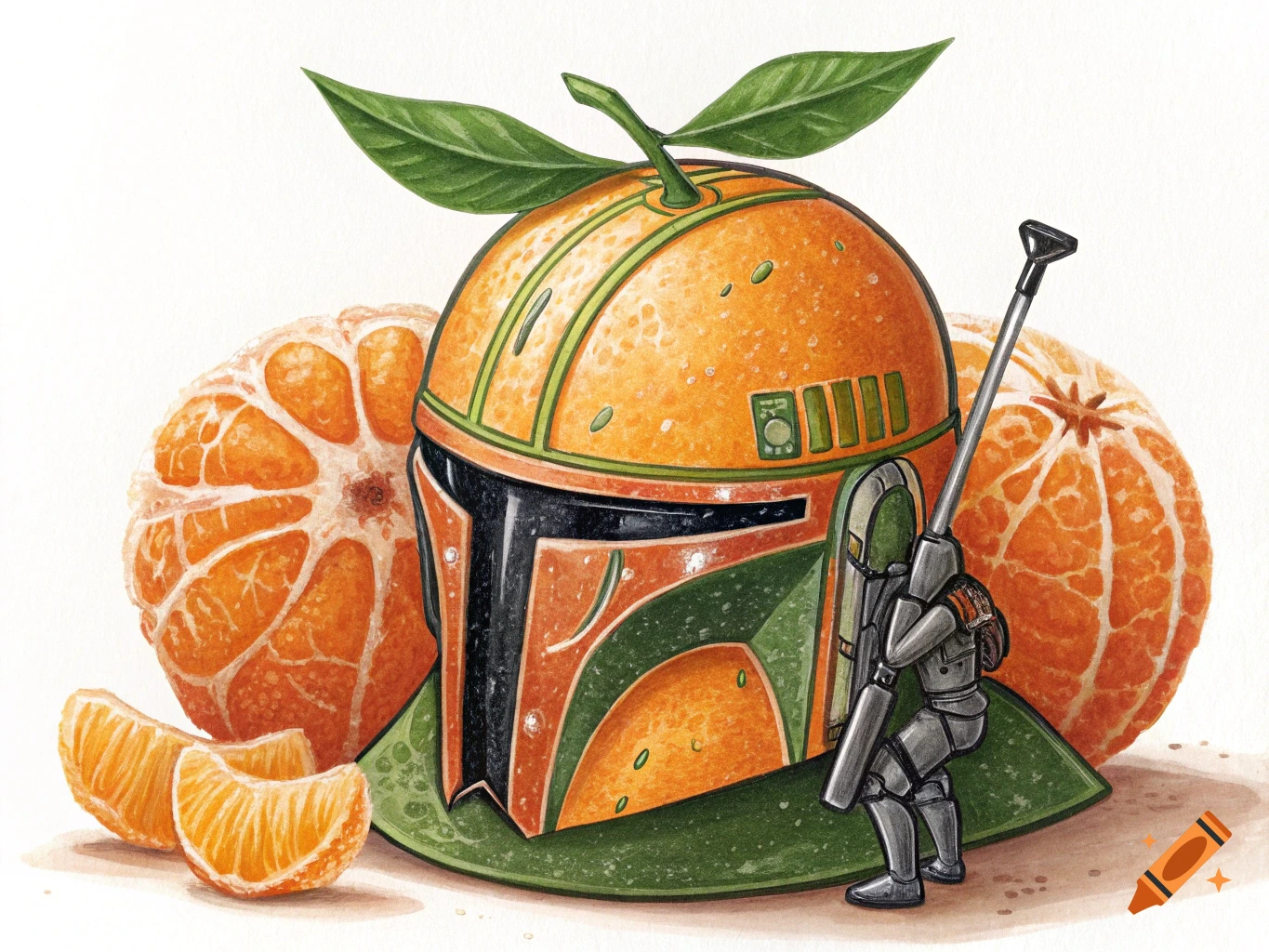 An illustration of a Mandalorian helmet shaped like a tangerine, with a small armored figure and sliced oranges nearby.