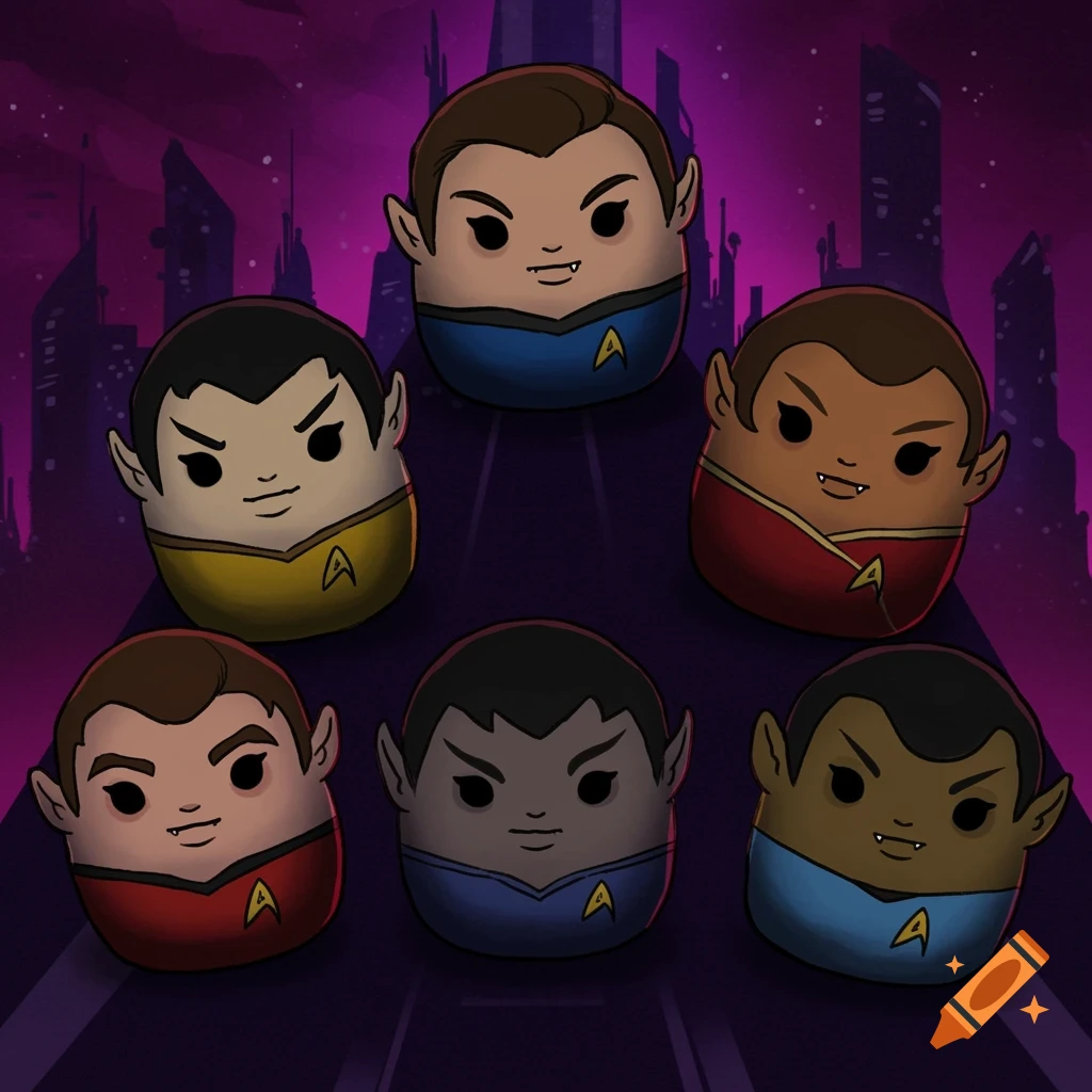Six cute, cartoonish Star Trek characters with pointy ears and fangs, resembling squishmallows, against a purple city skyline.
