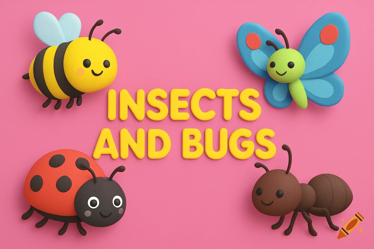 A colorful 3D-style illustration for toddlers featuring a yellow bee, blue butterfly, red ladybug, and brown ant surrounding the yellow text 'INSECTS AND BUGS' on a pink background.