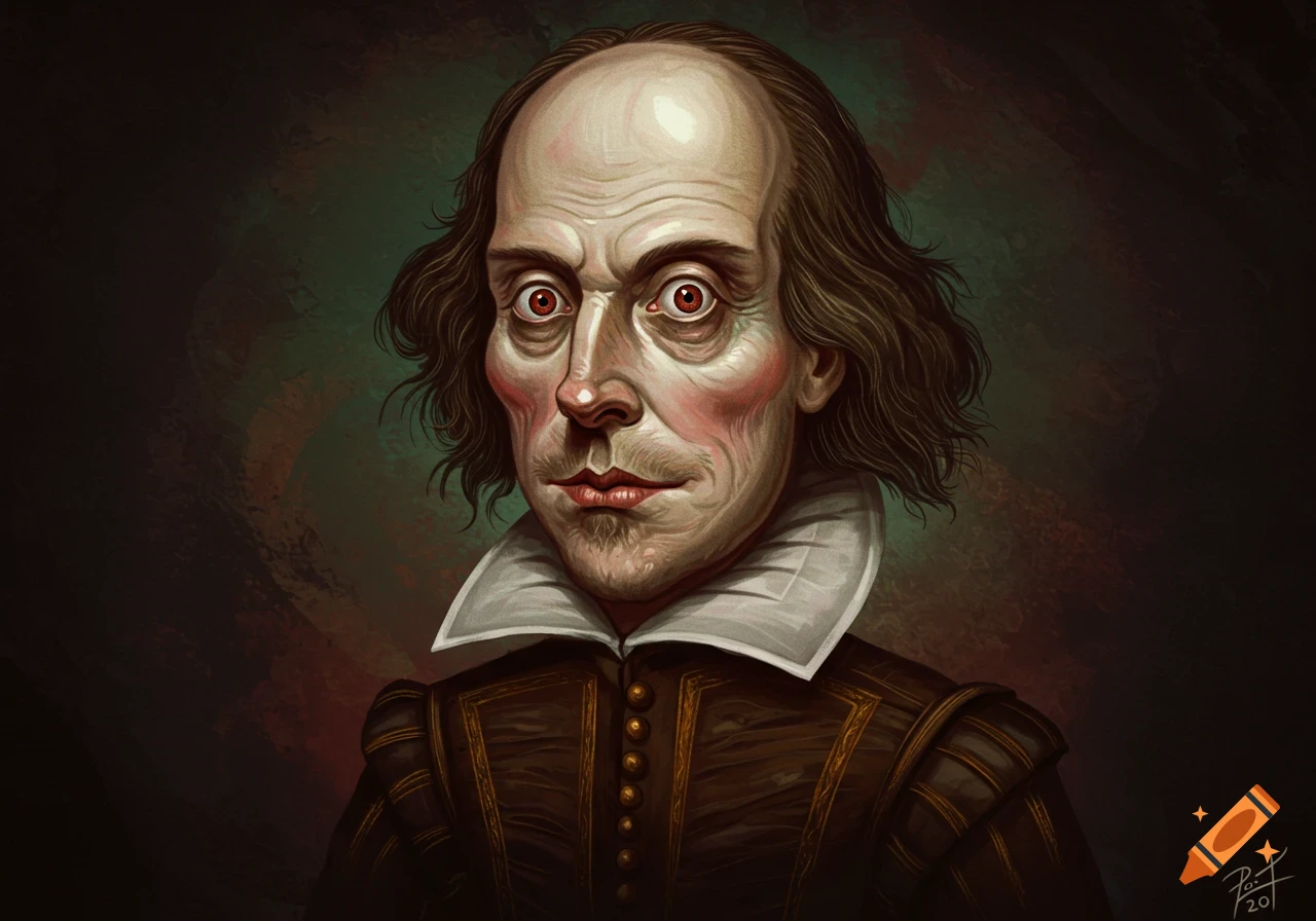 A stylized, dark portrait of William Shakespeare with a wrinkled face and wide, red eyes, wearing a white collar and brown doublet.