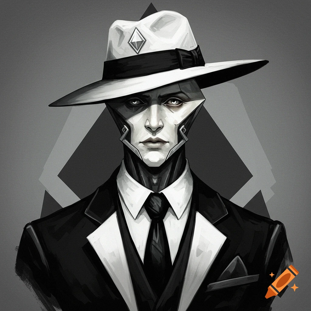 A black and white digital art portrait of a stylized humanoid figure with angular features, wearing a white fedora with a diamond emblem and a black suit.