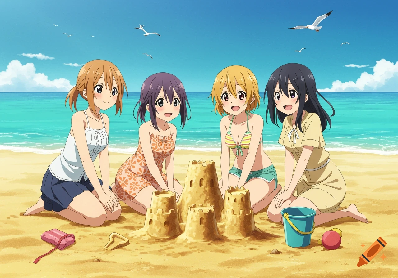 Four anime girls build sandcastles on a sunny beach with a blue ocean and seagulls.