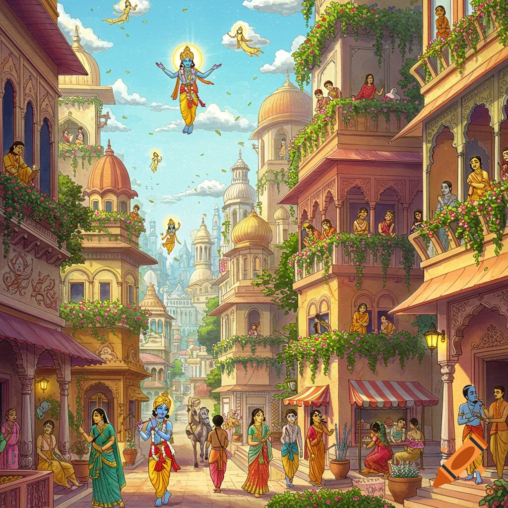 Vibrant cartoon illustration of an ancient Indian city with people and Krishna figures, some floating in the sky.