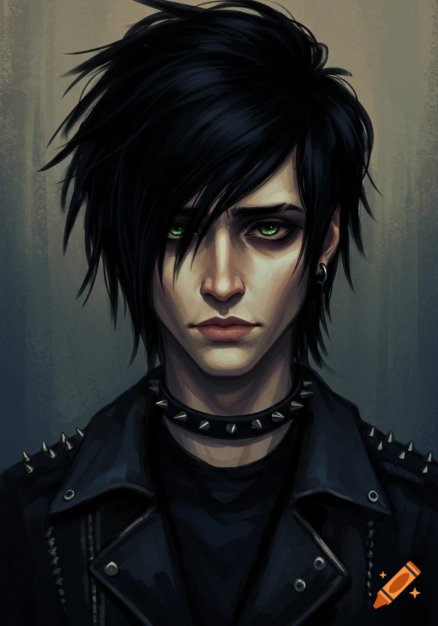 A digital art portrait of a person with spiky black hair, striking green eyes, wearing a black studded jacket and choker.