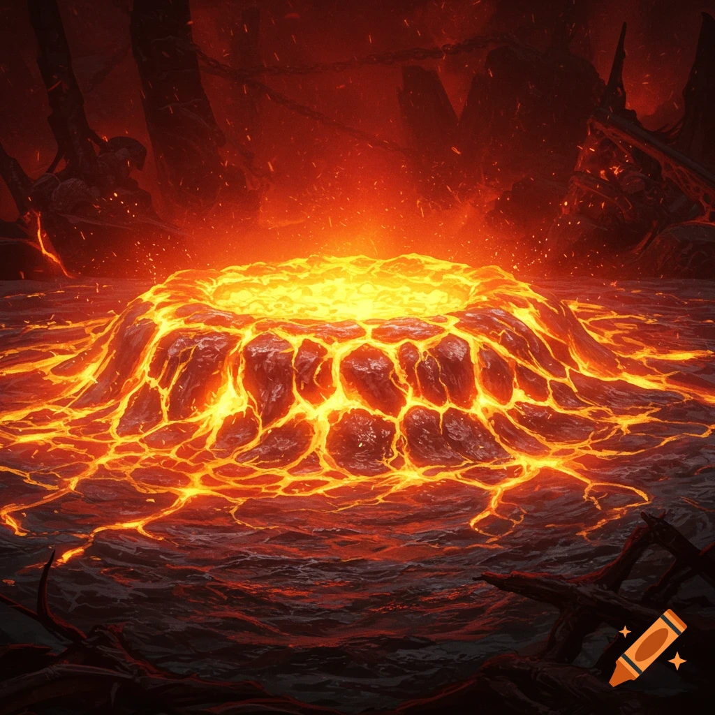 A close-up view of a glowing lava pit with a central active vent, surrounded by molten rock and fiery particles, resembling a hellish landscape.