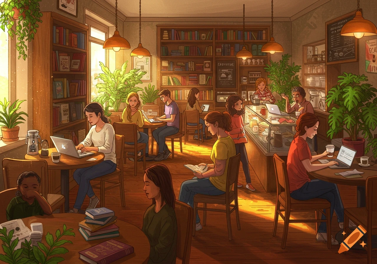 A warm digital art illustration of a bustling coffee shop filled with customers, books, and lush green plants, bathed in sunlight.