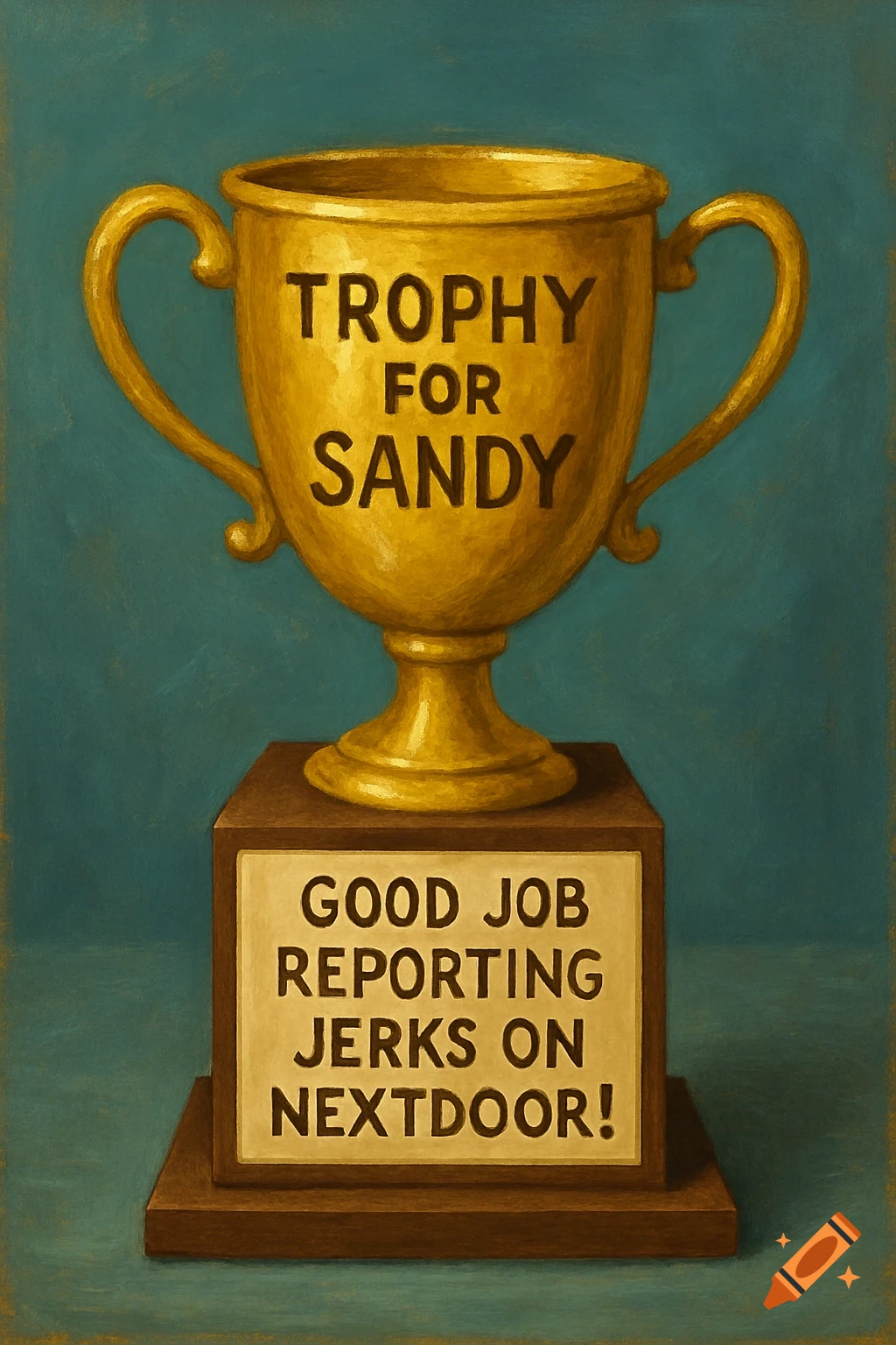 A painted golden trophy on a wooden base with text 'TROPHY FOR SANDY' and 'GOOD JOB REPORTING JERKS ON NEXTDOOR!'