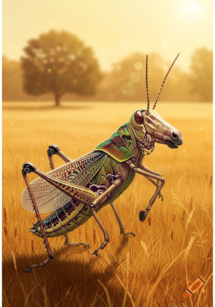 A detailed locust with a horse's head and posture stands in a sunlit golden field.