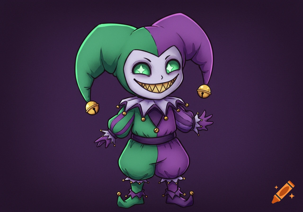 A chibi evil jester wearing green and purple, with glowing eyes and sharp teeth.