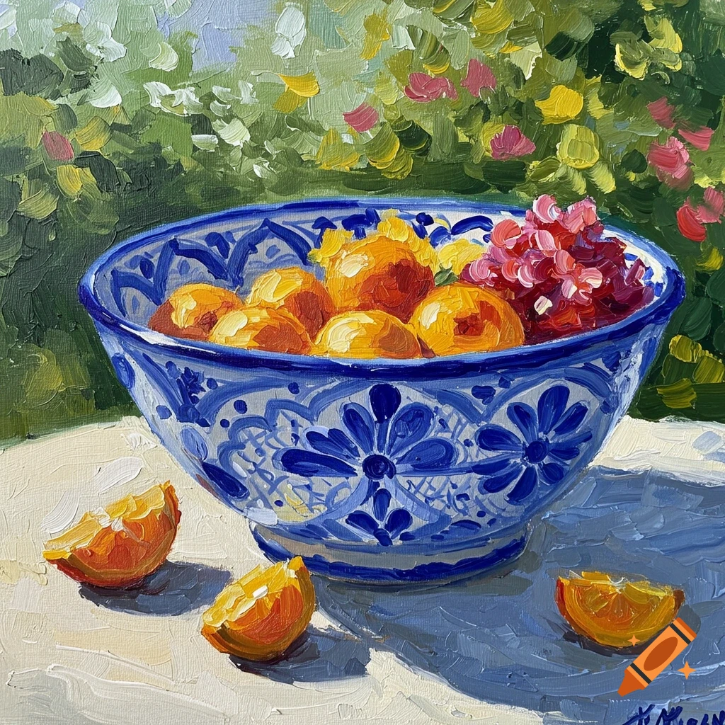 Impressionistic painting of a blue and white talavera bowl filled with oranges and pomegranates on a white table with a blurry green garden background.