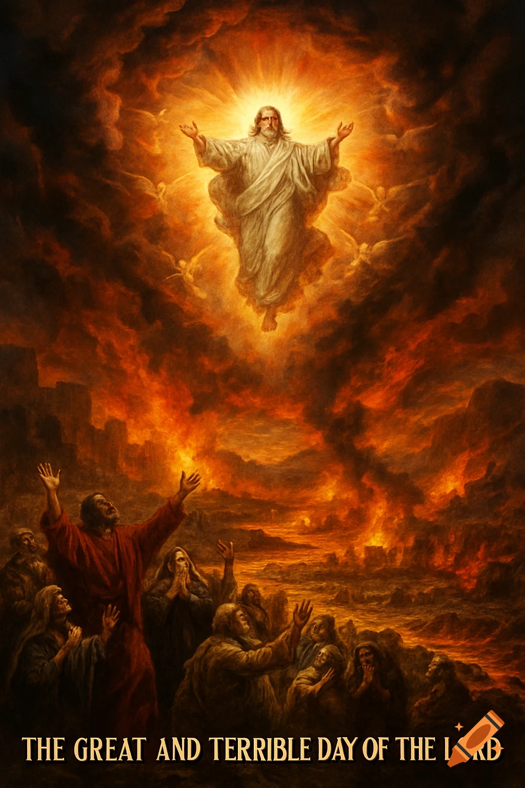 Jesus appears from fiery clouds above a devastated landscape of people in despair, with text 'THE GREAT AND TERRIBLE DAY OF THE LORD'.