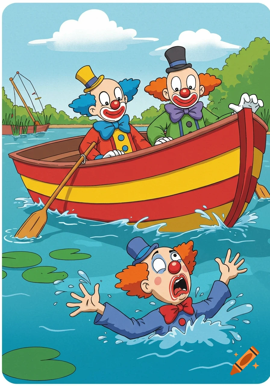 Two cartoon clowns in a red and yellow rowboat watch as a third clown drowns in the blue water.