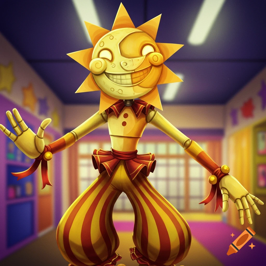 A stylized cartoon animatronic character with a sun and moon face, yellow and red striped pants, and a wide grin, stands in a brightly lit room.
