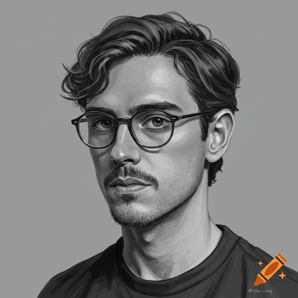 Black and white digital illustration of a man with wavy hair, glasses, a mustache, and a short beard.