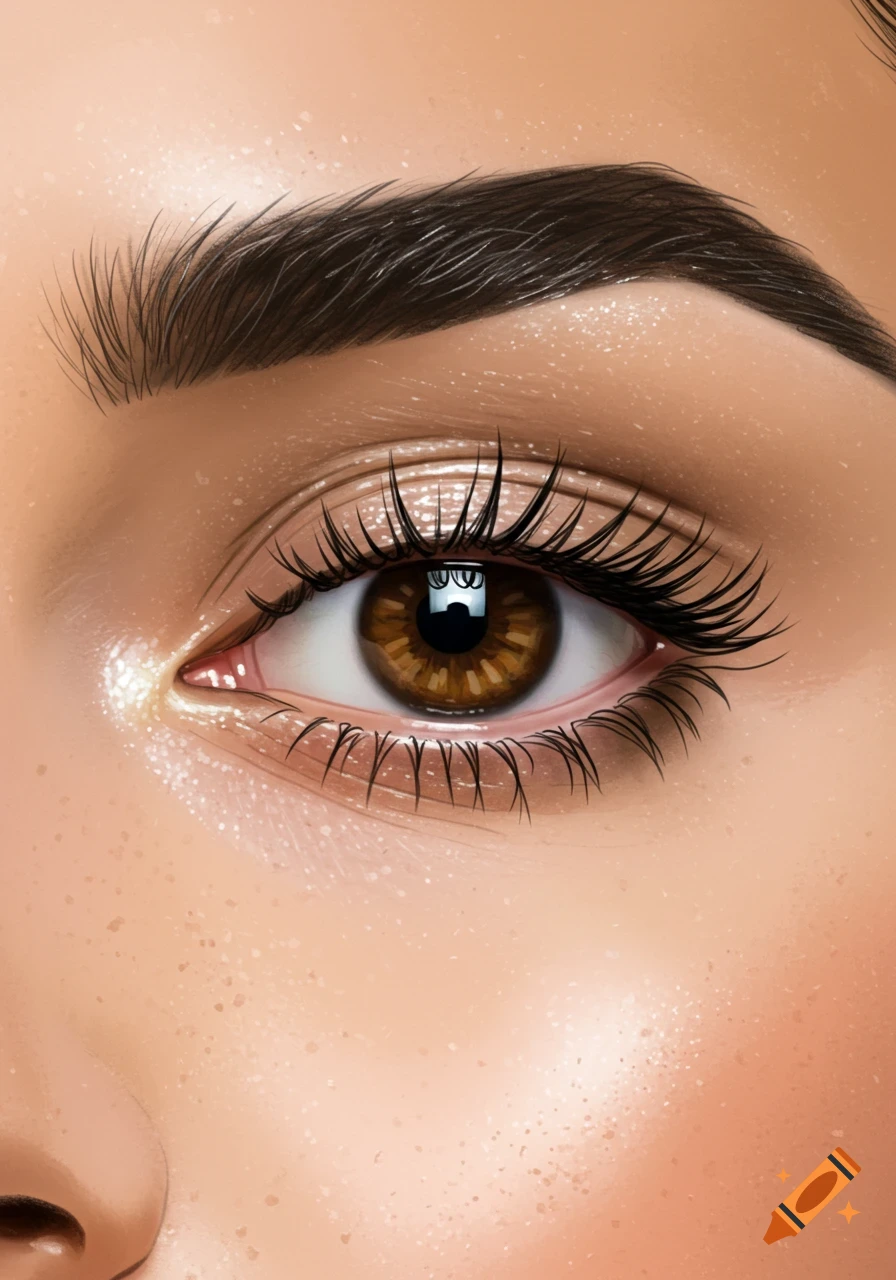 Detailed close-up of a brown eye with long eyelashes and a sculpted eyebrow.
