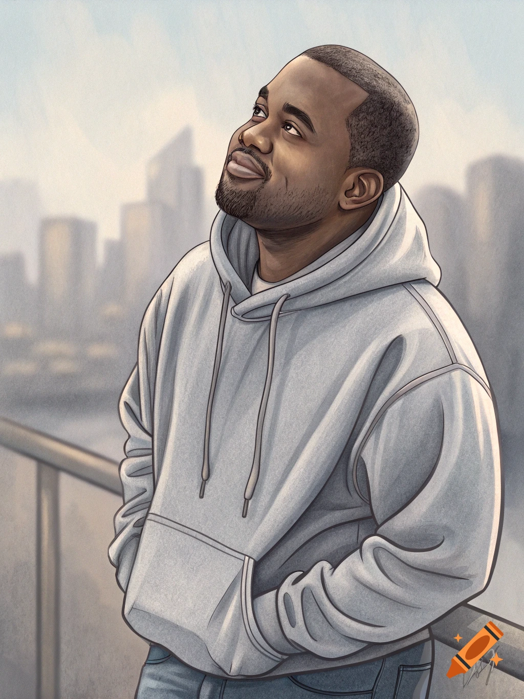 Stylized illustration of Kanye West in a gray hoodie, looking up and smiling, with a blurred city skyline in the background.