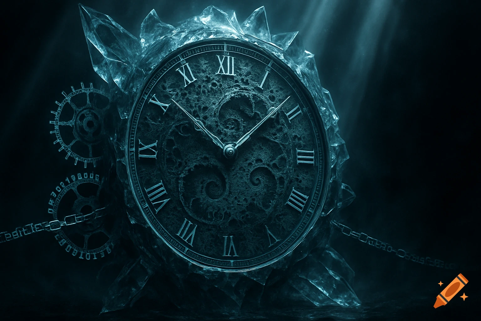 A surreal, hyper-detailed fractal clock encased in ice with visible Roman numerals and gears, against a dark, misty background with volumetric light rays.