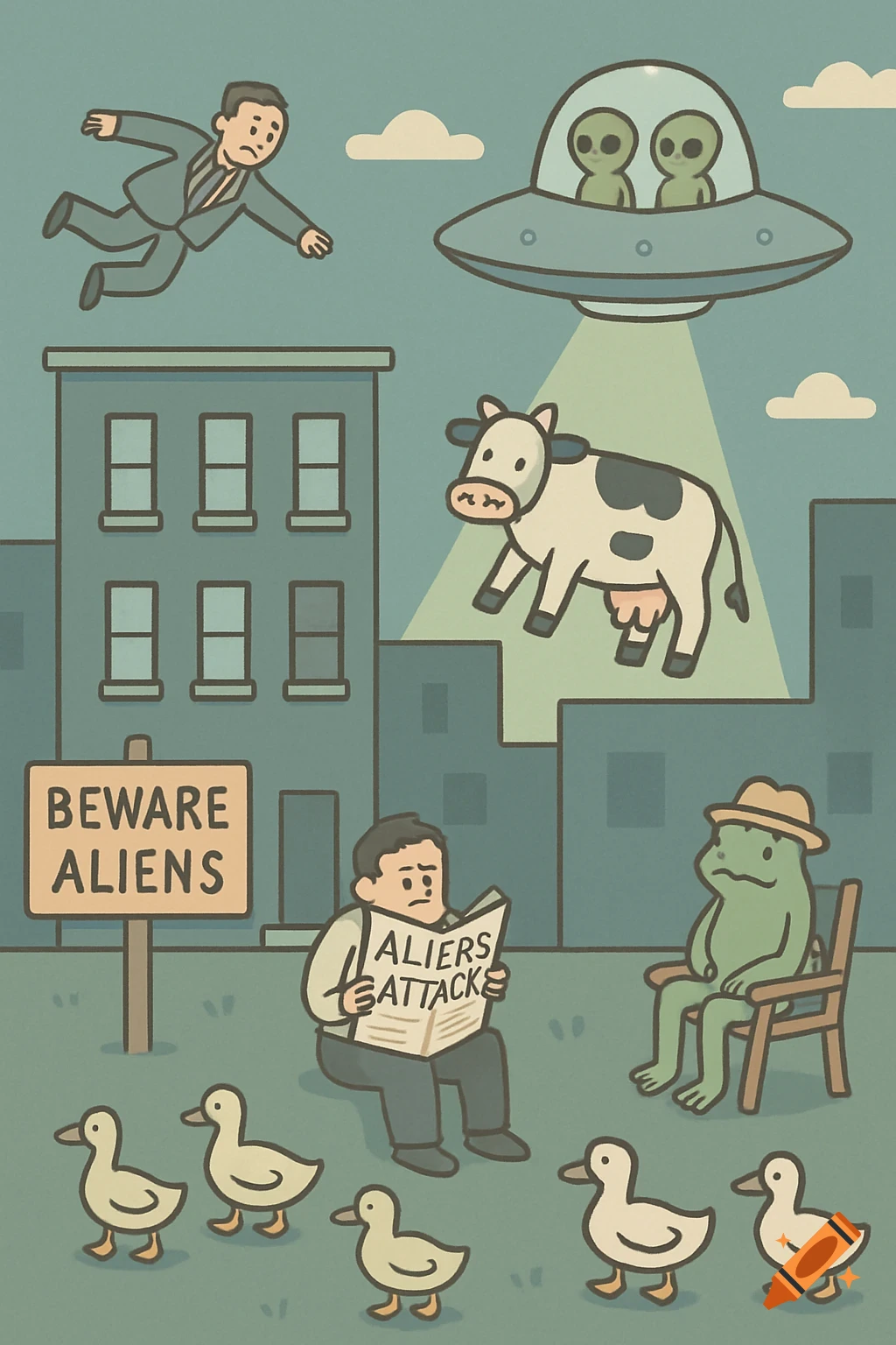 Cartoon alien invasion with a UFO, a man flying, a cow abducted, a frog in a chair, ducks, and a man reading a newspaper, all in pastel muted colors.