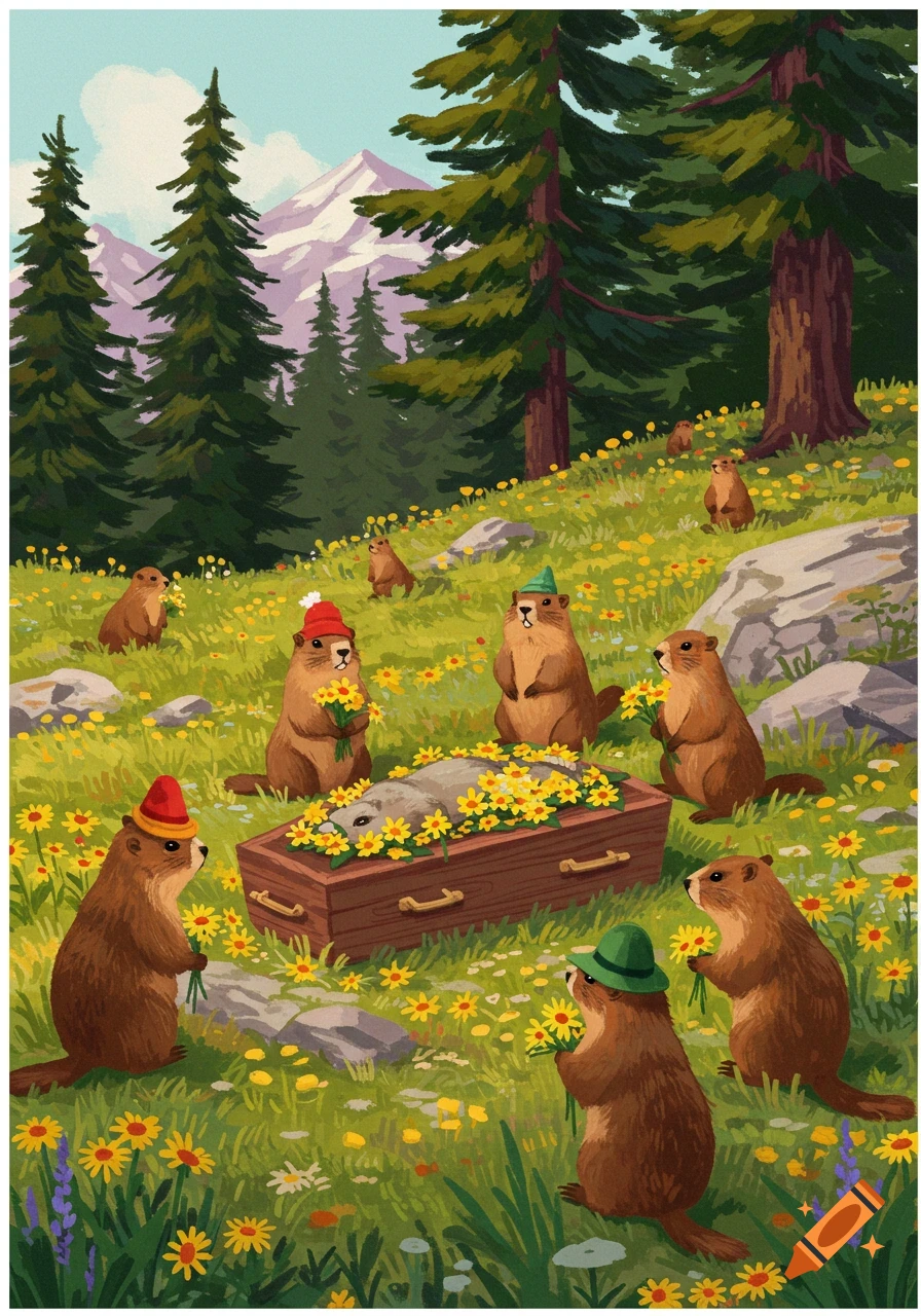Illustration of marmots holding a funeral for a deceased marmot in a flowery mountain meadow.