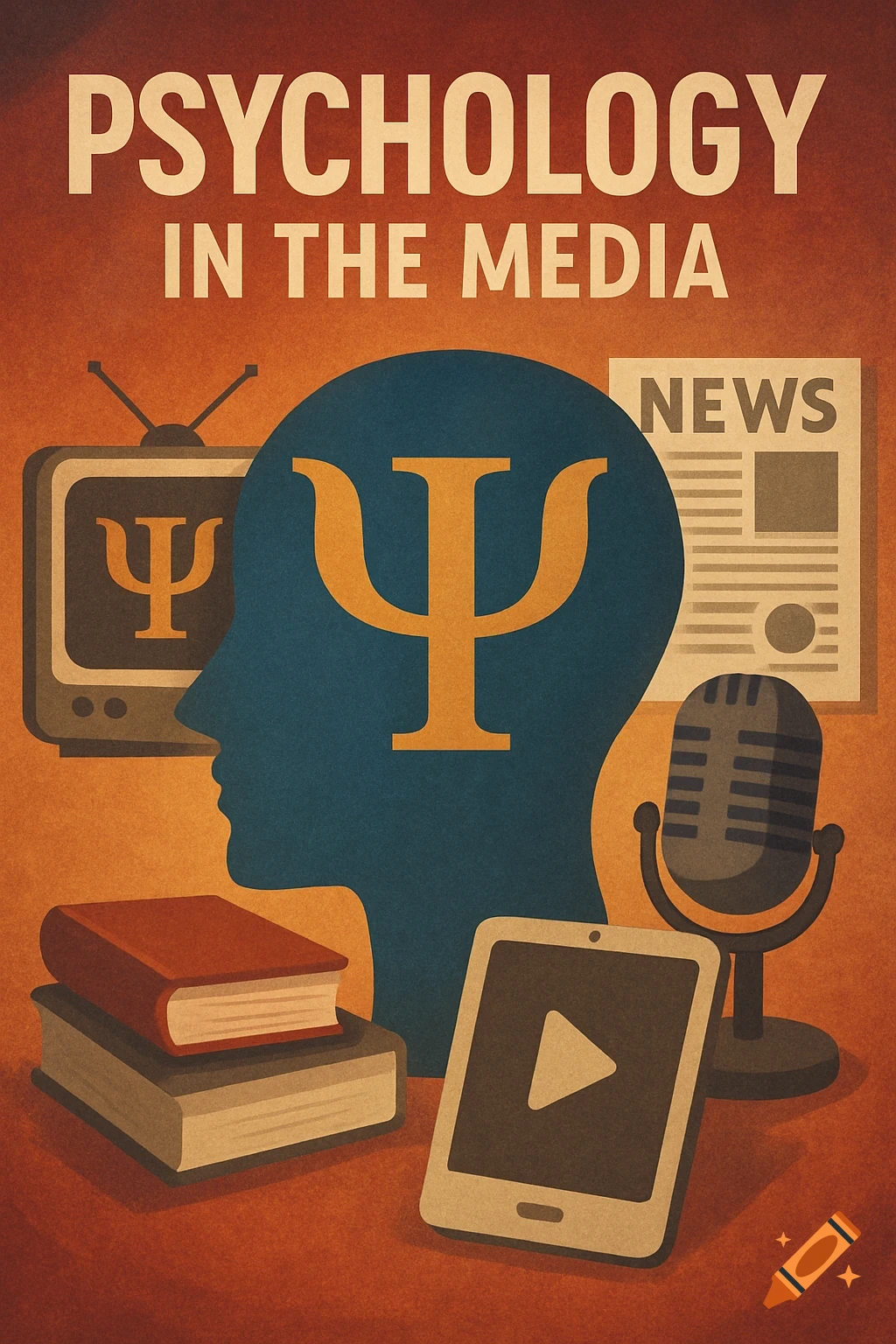 A vintage-style illustration for 'Psychology in the Media' featuring a head silhouette with a psi symbol, surrounded by a TV, newspaper, microphone, books, and a tablet.