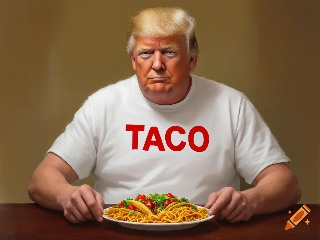 Donald Trump wearing a white t-shirt with 'TACO' in red letters, sitting at a table with a plate of tacos.