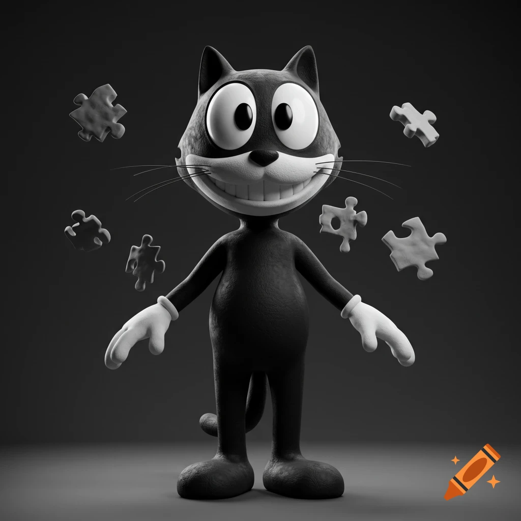 A black and white 3D render of a Felix the Cat-like character with a mischievous smile, in a claymation style, with puzzle pieces floating around.