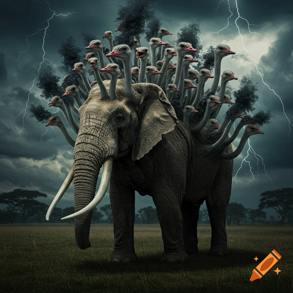 A surreal creature, an elephant with many ostrich heads growing from its back, stands in a grassy field under a stormy sky with lightning. Dark smoke billows from some of the ostrich mouths.
