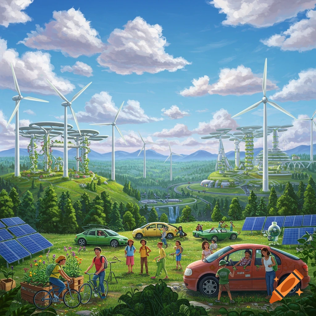 An illustrated scene of a vibrant, eco-friendly future community with wind turbines, solar panels, green buildings, people, and electric cars.