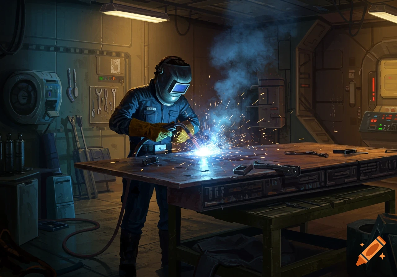 A person in a welding helmet and gloves welds metal on a workbench in a sci-fi workshop, sparks flying.