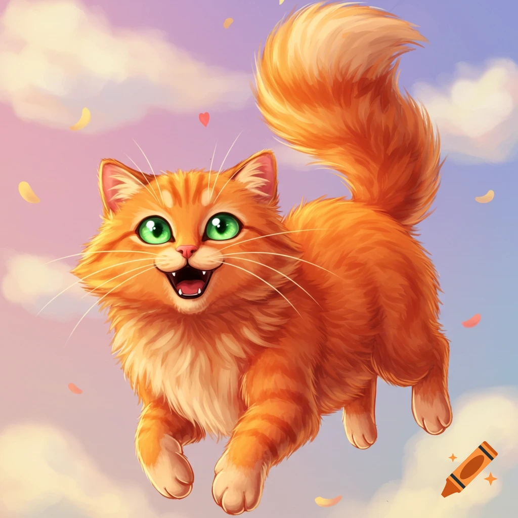 A fluffy orange cat with bright green eyes smiles while floating in a pink and blue sky with clouds and falling petals, in a cartoon style.