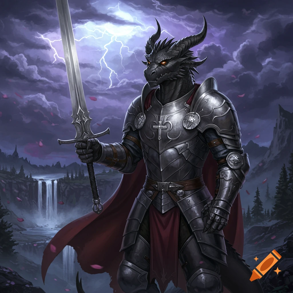 A black dragonborn paladin in shining armor holds a sword, standing in a stormy fantasy landscape with waterfalls and lightning.