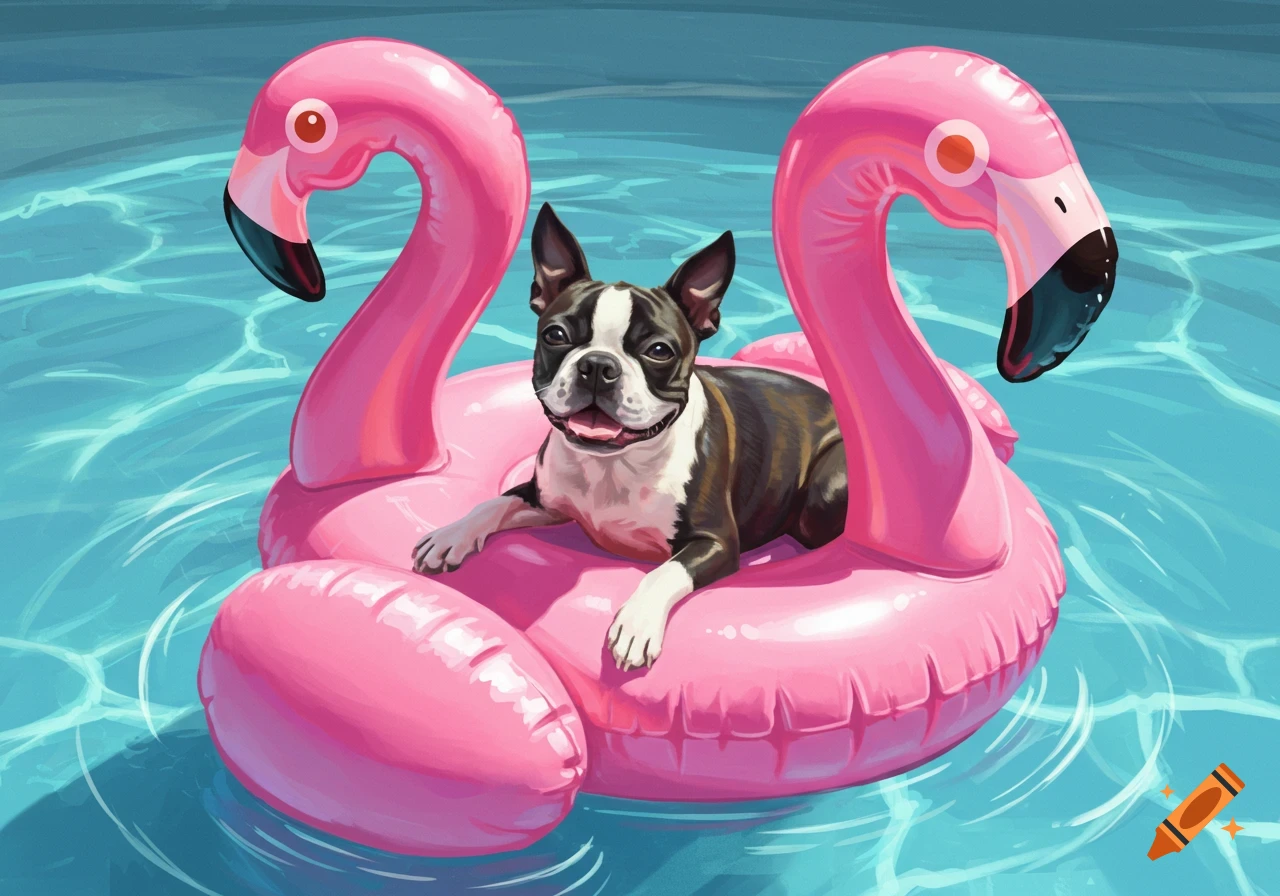 A Boston Terrier dog lounges on a pink inflatable flamingo float in a bright blue swimming pool, cartoon illustration.