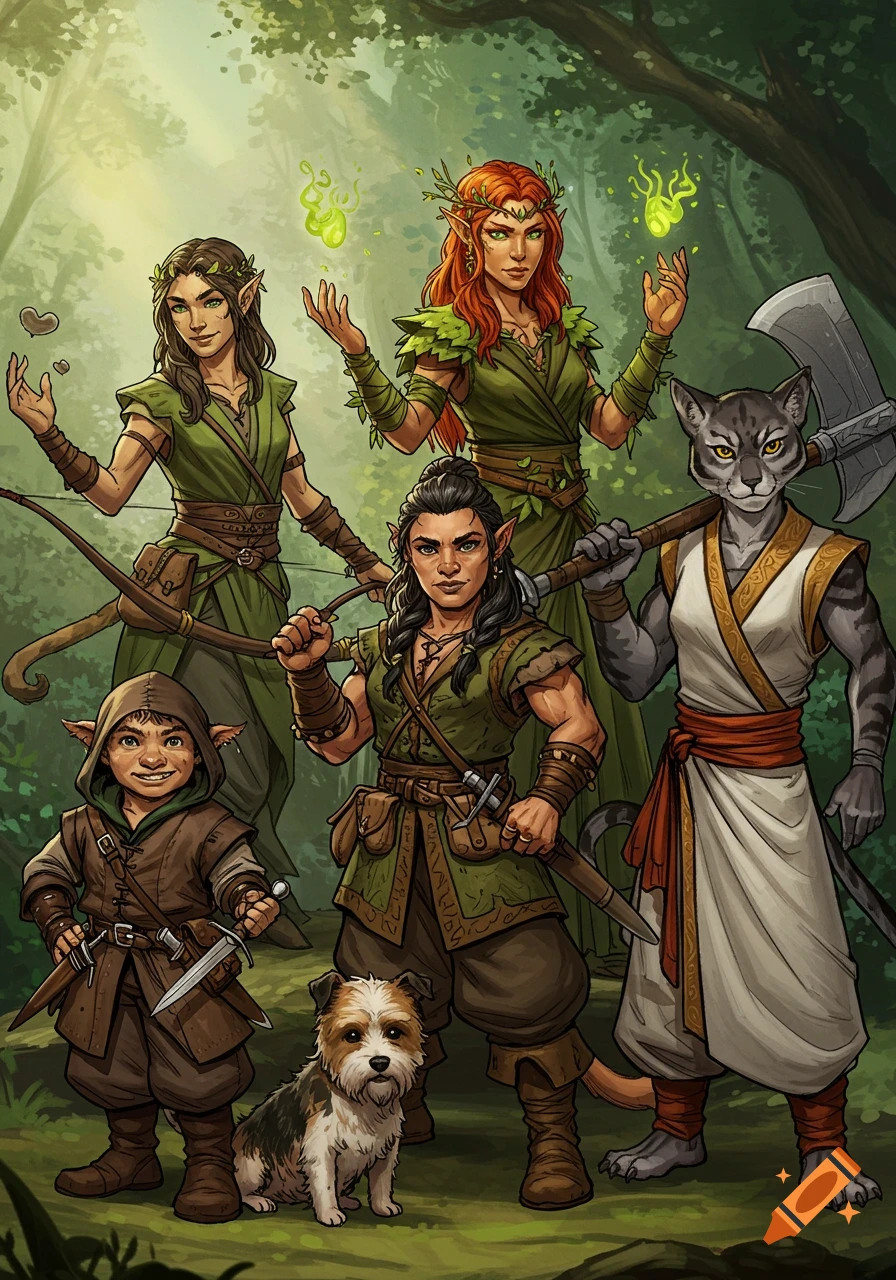 A group of fantasy adventurers including elves, halflings, a dwarf, a ...