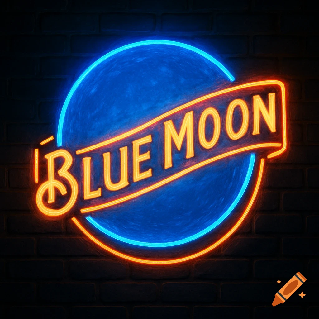 A vibrant blue and orange neon sign for 'BLUE MOON' against a dark brick wall.